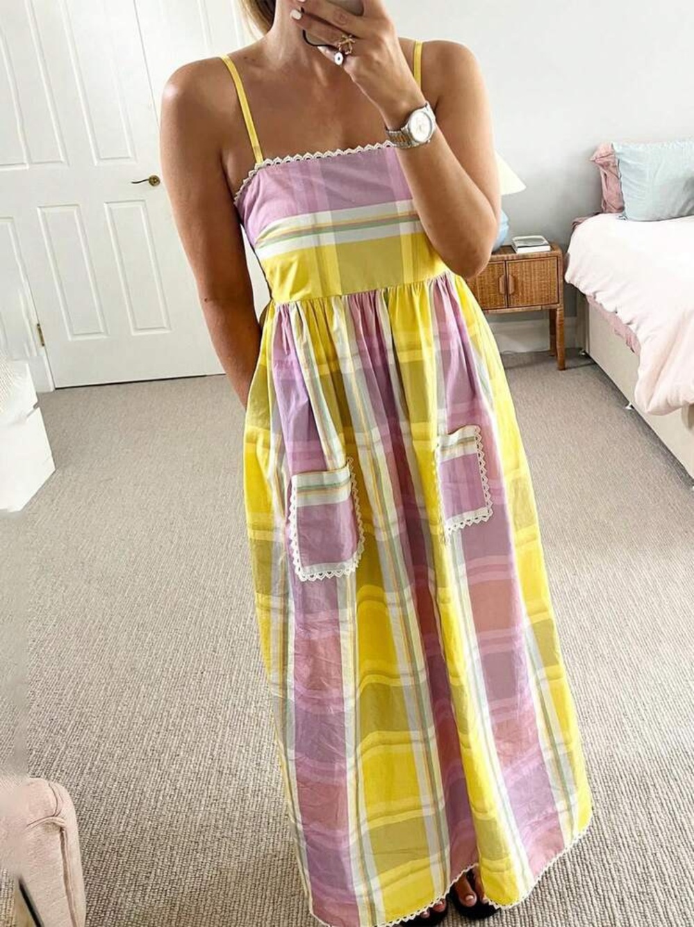 Cottagecore grandmillineal apron dress Plaid Sundress with scallop Pockets